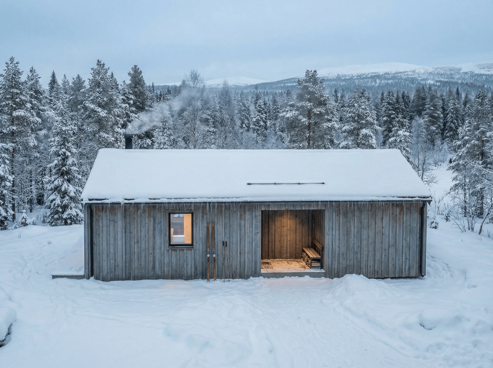 Fjällbo-serien — gråtonat trähus i fjällmiljö
