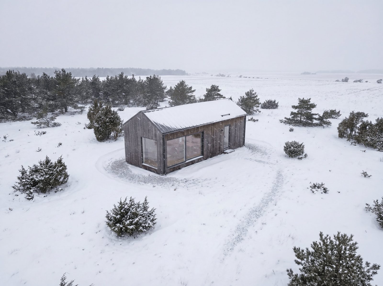 Fjällbo-hus i öppet snölandskap under snöfall