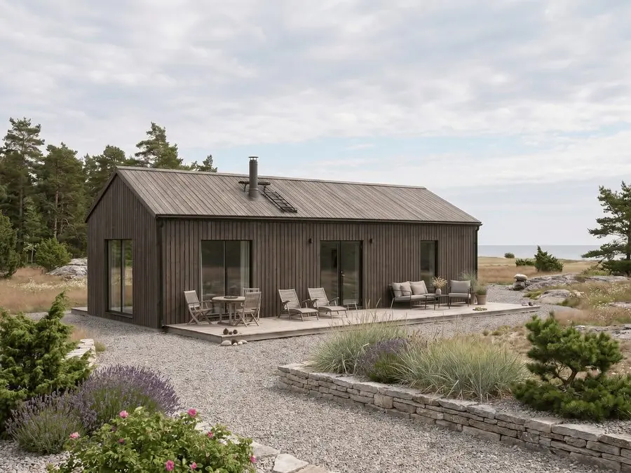 Visualisering: Burgsvik 67 med altan mot havet en sommardag