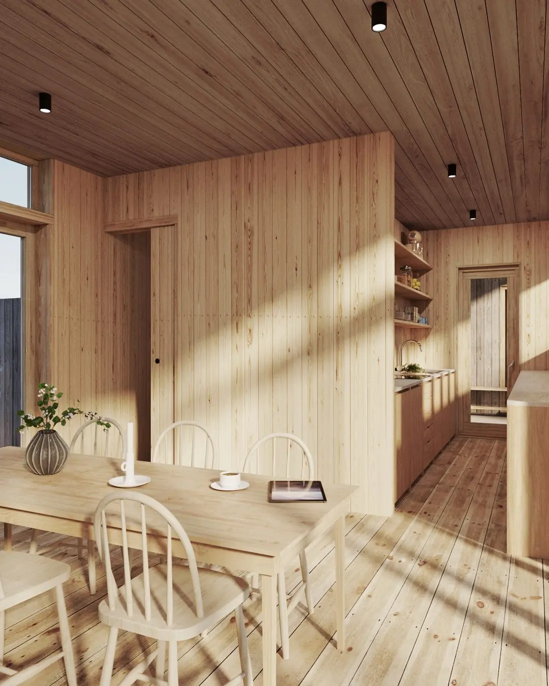 Visualisering: materialval och snickerier i ett fritidshus från Öbo Hus