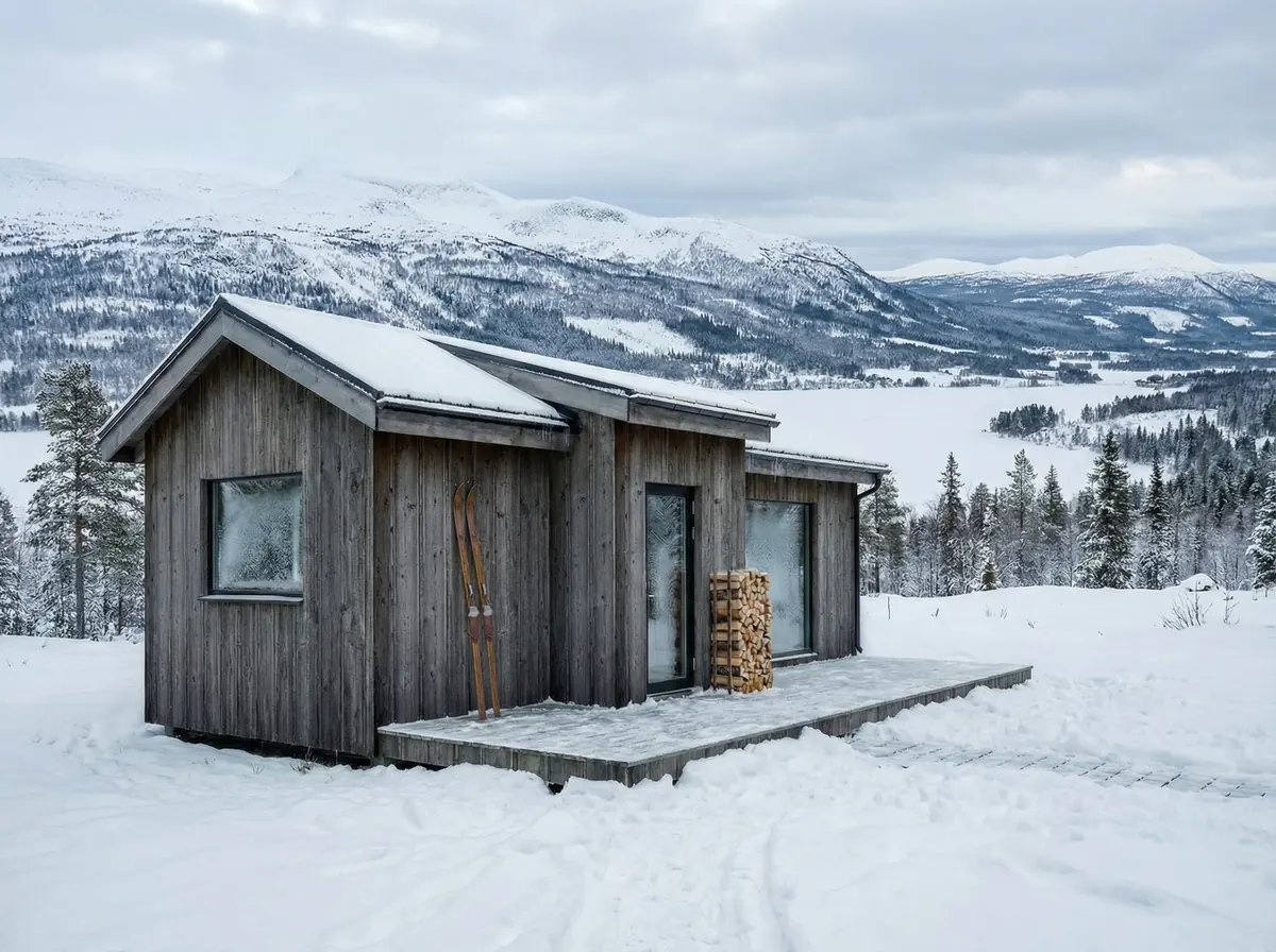 Visualisering: Fjällbo 30, ett grått trähus med skidor och ved vid entrén i snön