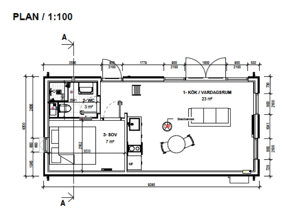 Planritning för Burgsvik 40: kök och vardagsrum, sovrum och WC