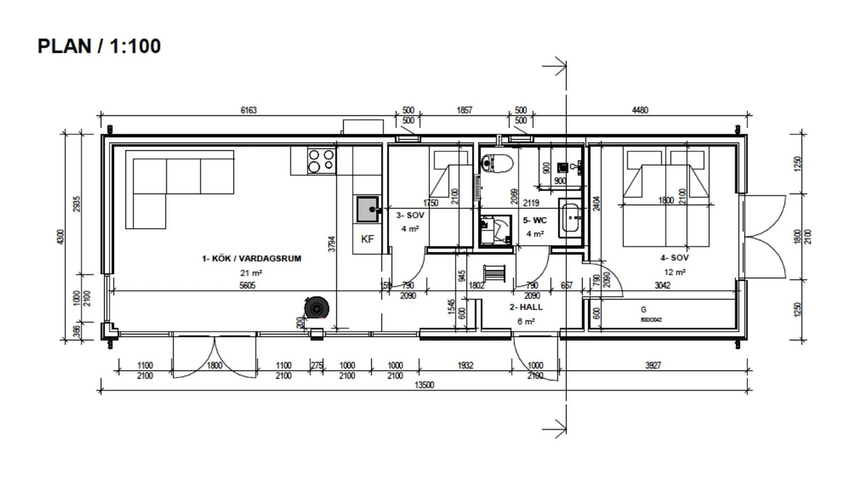 Planritning för Burgsvik 58 med kök och vardagsrum, två sovrum, WC och hall