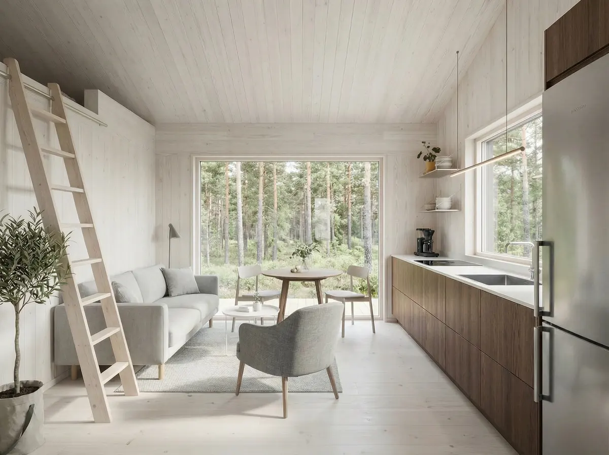 Visualisering: kök och allrum i Fjällbo 30 med vitlaserad panel, loftstege och fönster mot tallskogen