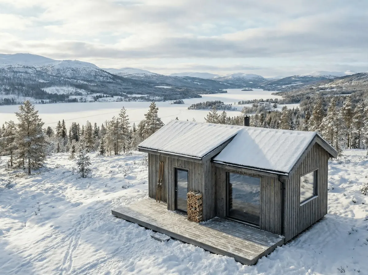 Visualisering: Fjällbo 30 i snö med utsikt över sjön och fjällen