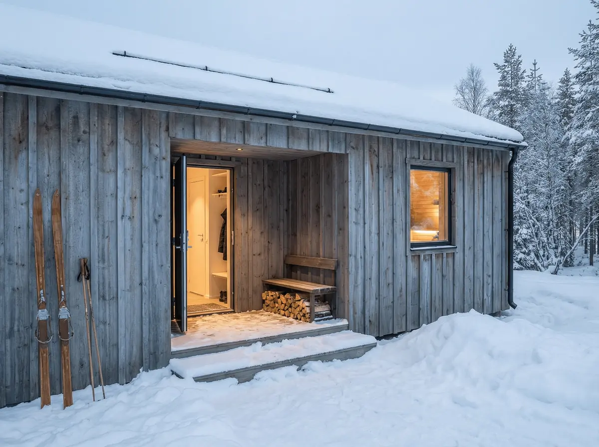 Visualisering: Fjällbo 70 en vinterkväll med öppen entré, varmt ljus inifrån och skidor vid dörren