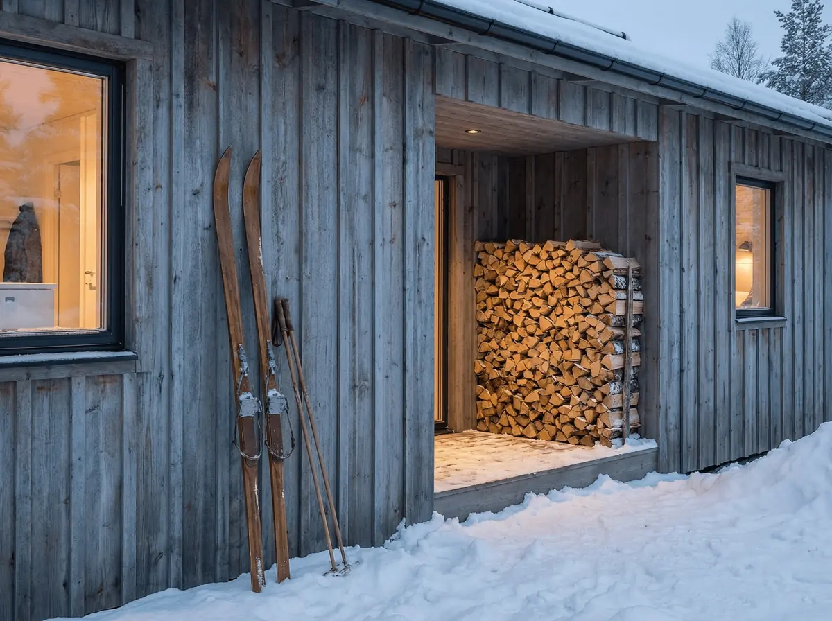 Visualisering: detalj av fasaden på Fjällbo 70 med skidor och ved
