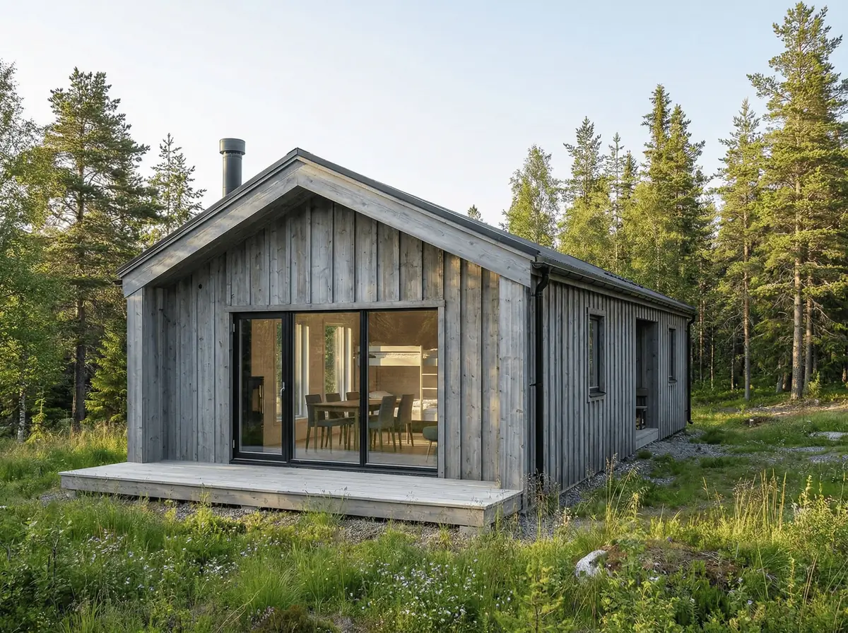 Visualisering: Fjällbo 70 en sommardag med altanen mot skogen