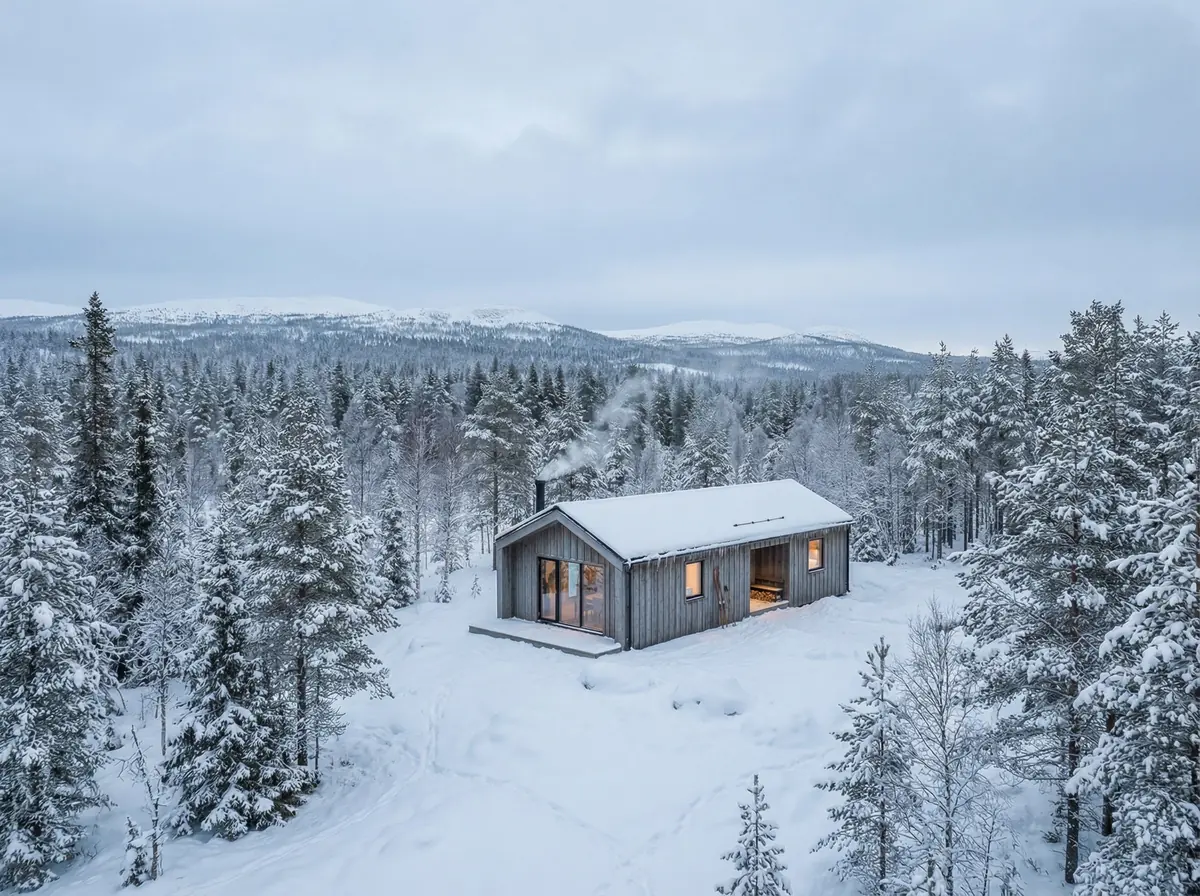 Visualisering: Fjällbo 70 i snötäckt fjällskog, sett på avstånd