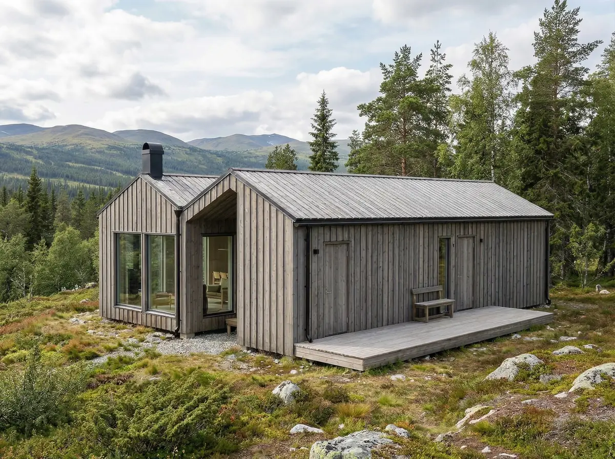 Visualisering: Fjällbo 90 på barmark med fjällen bakom