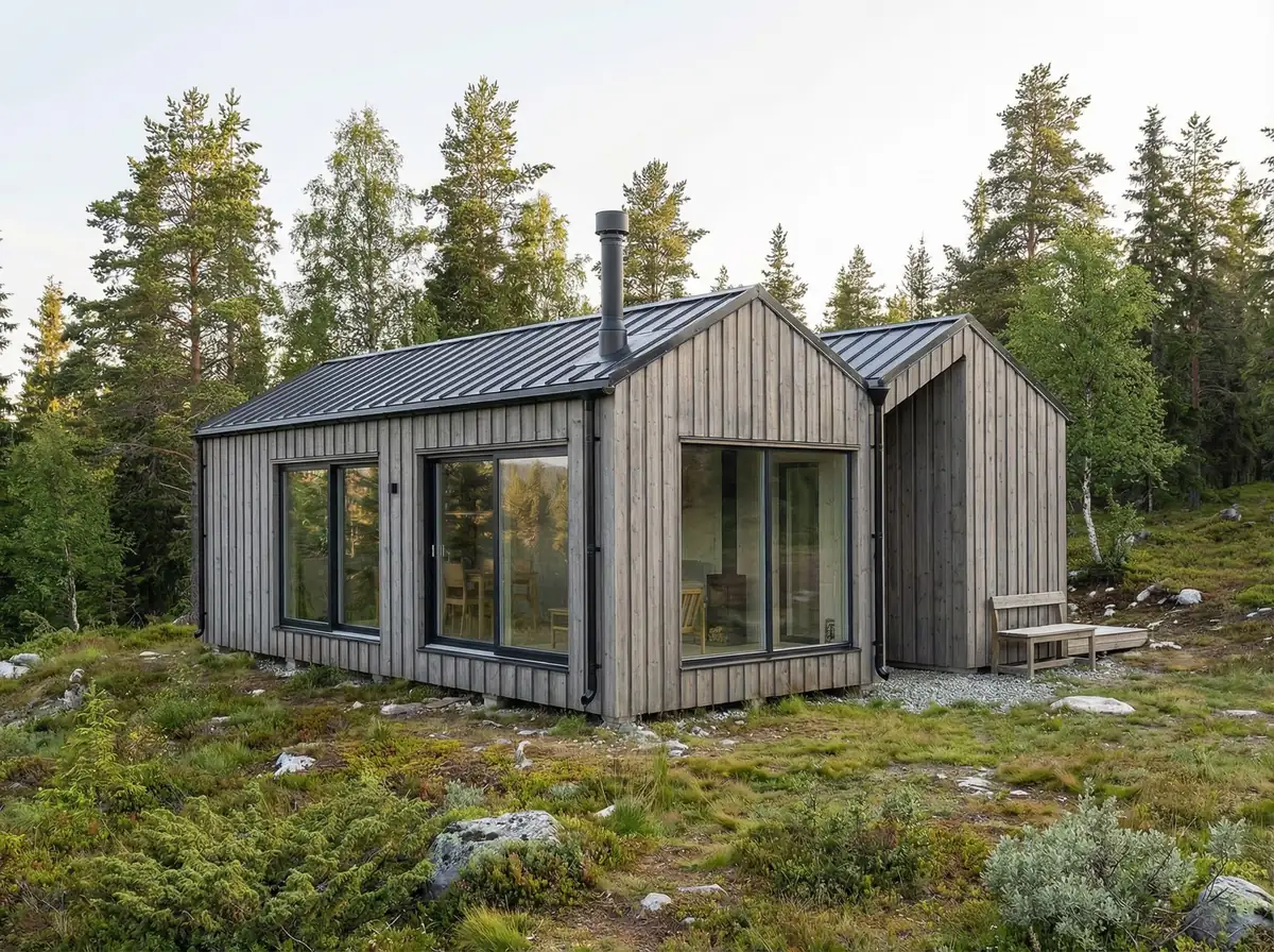 Visualisering: Fjällbo 90 i sensommarljus med stora fönster mot fjällbjörkskogen
