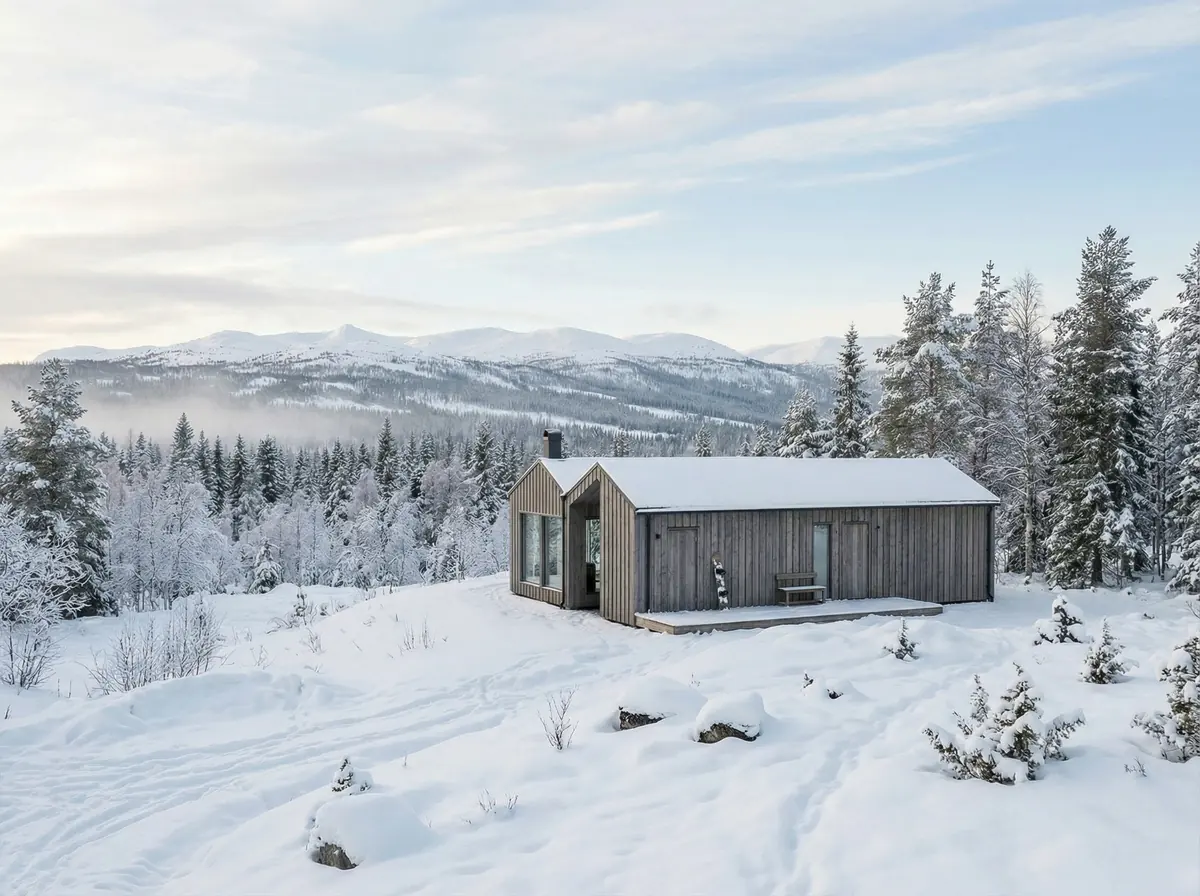 Visualisering: Fjällbo 90 i ett vidsträckt vinterlandskap på fjället