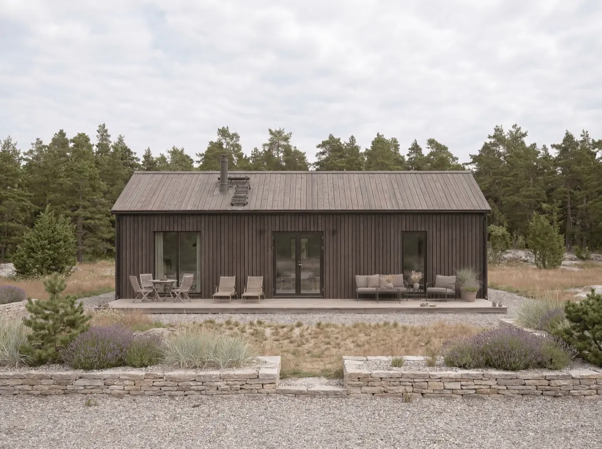 Visualisering: Burgsvik 67 rakt från sidan: hela den långsmala fasaden med sadeltak