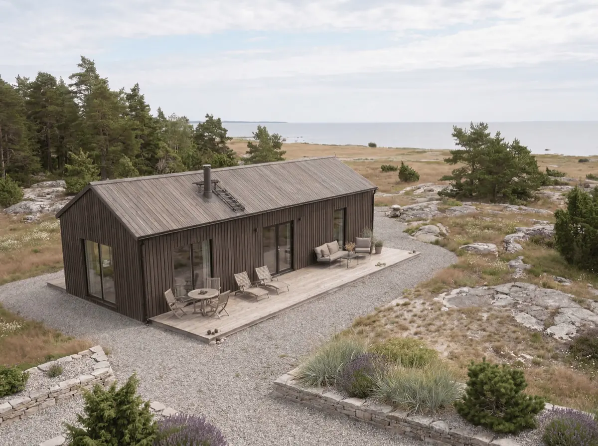 Visualisering: Burgsvik 67 sett snett ovanifrån: ett långsmalt laduhus med sadeltak och altan, havet i bakgrunden