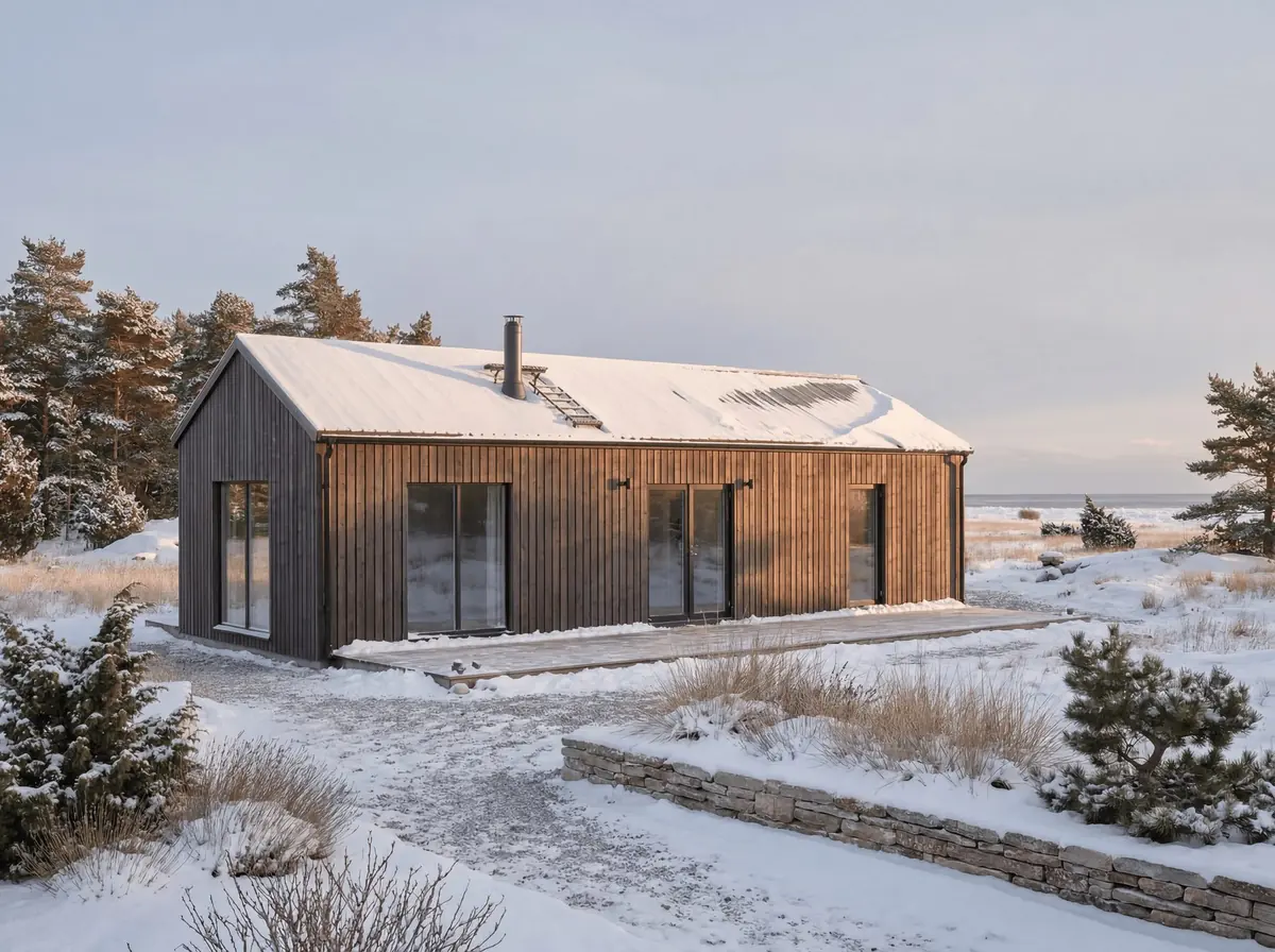Visualisering: Burgsvik 67 med snö på taket en vinterdag
