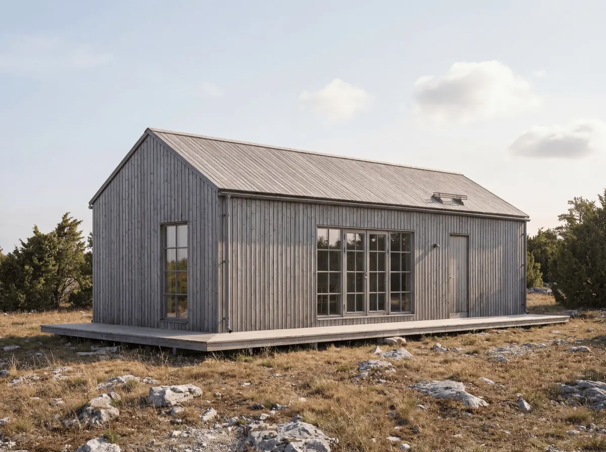 Visualisering: Fårö 50 snett framifrån: grå träpanel, sadeltak och altan