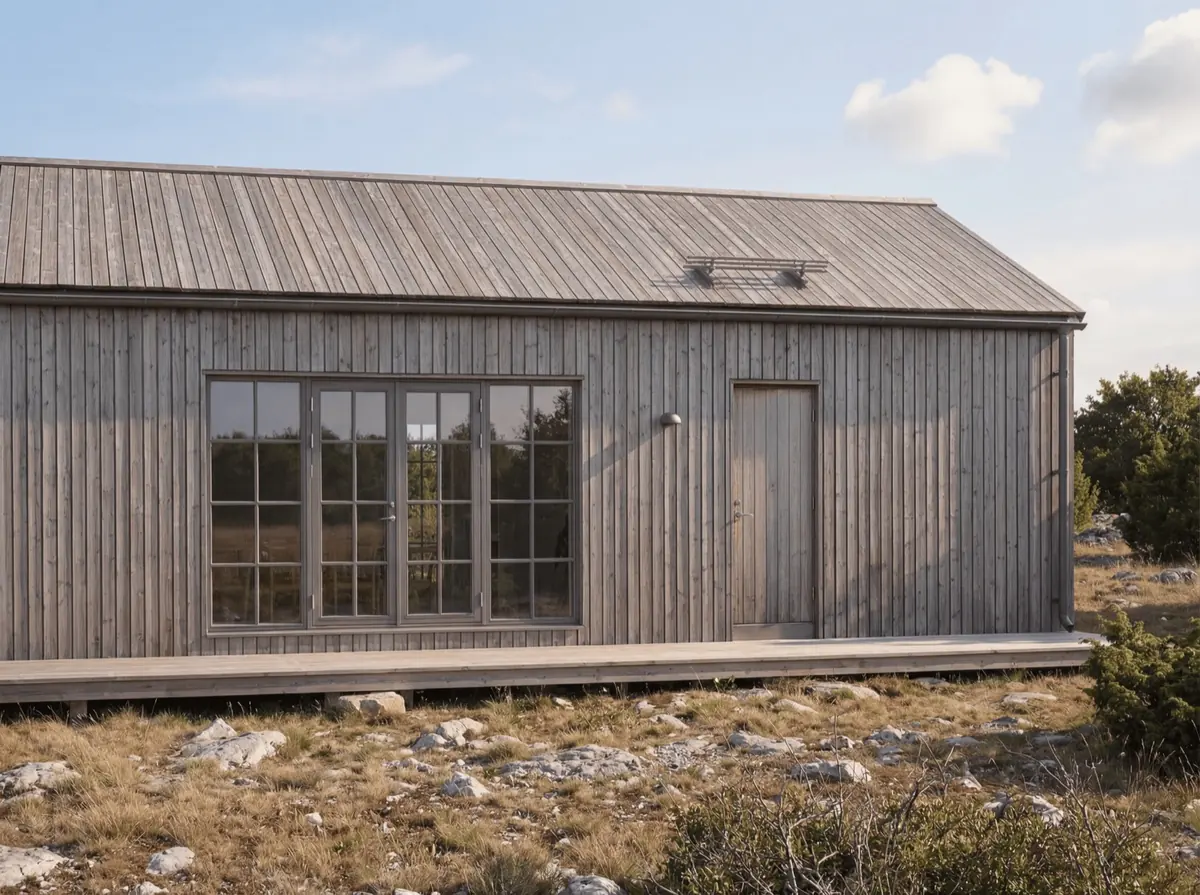 Visualisering: fasaden på Fårö 50 med fönster och entrédörr