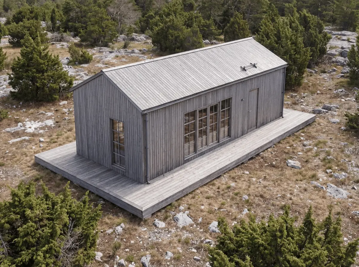 Visualisering: Fårö 50 sett snett ovanifrån, huset på sin tomt