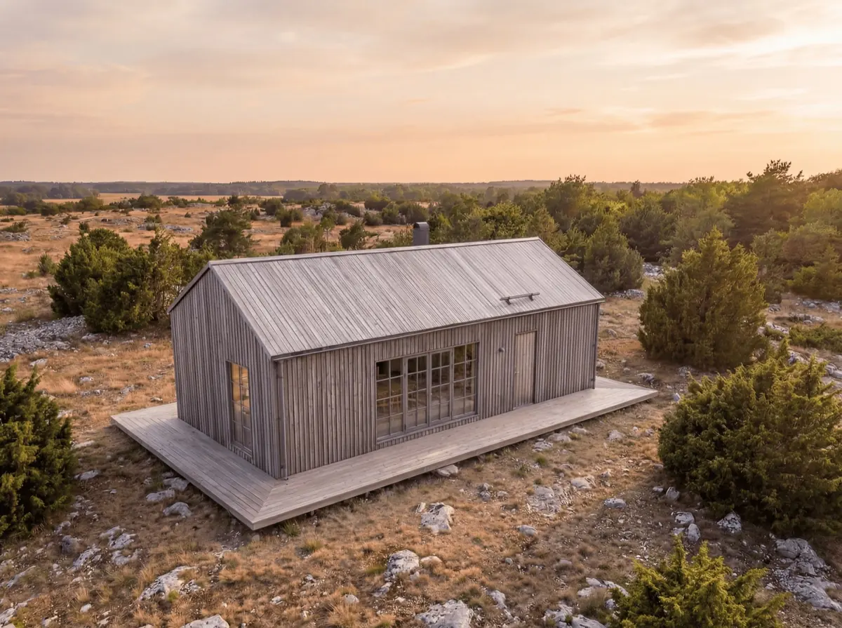 Visualisering: Fårö 50 i skymningen med tända fönster
