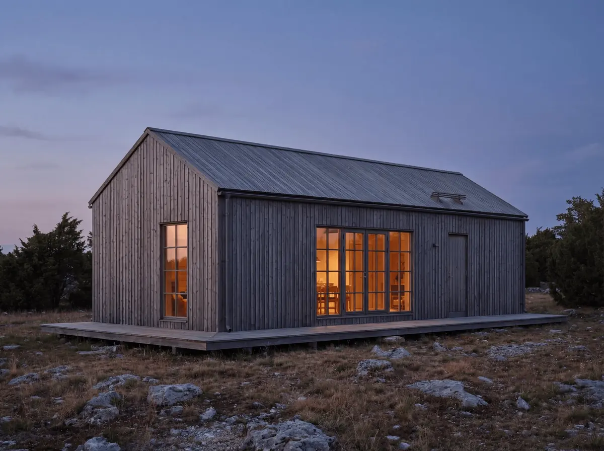 Visualisering: fasaden på Fårö 50 i skymningen, rummen tända innanför glaset