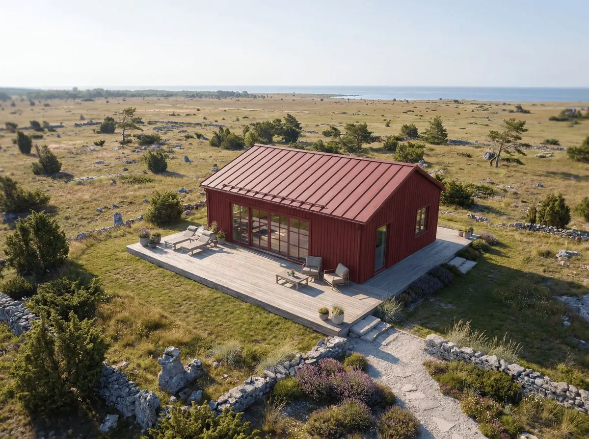 Visualisering: Fårö 74 i röd kulör sett från luften, med stor altan och grusgång mellan stenmurar