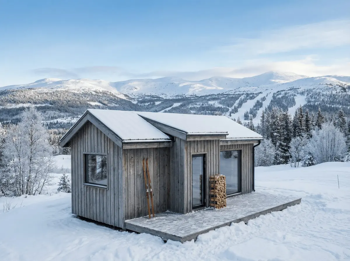 Visualisering: Fjällbo 30 på sitt trädäck med fjällen bakom