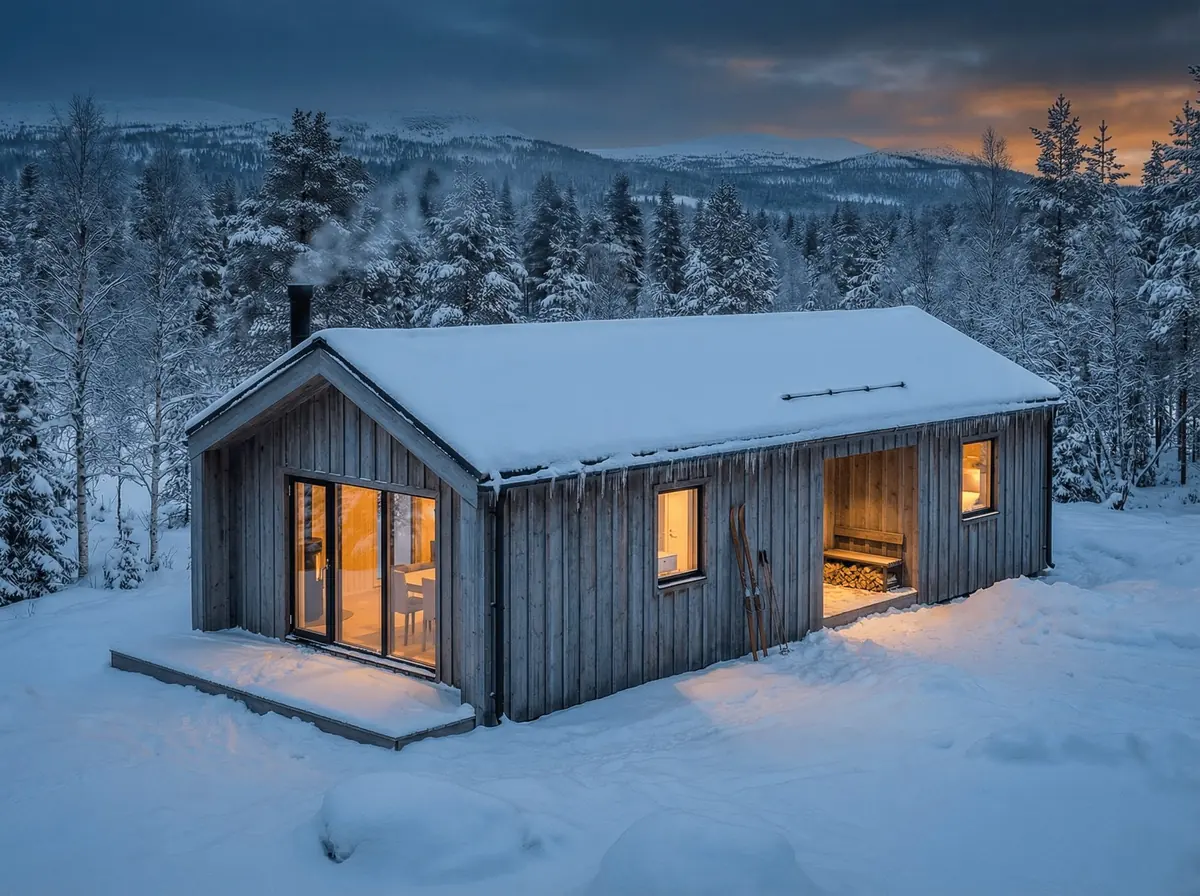 Visualisering: Fjällbo 70 i skymning med varmt ljus i fönstren och rök ur skorstenen