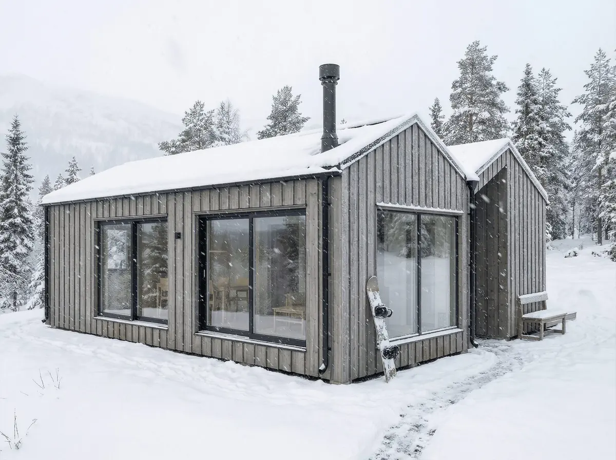 Visualisering: Fjällbo 90 med snö på taket och skorsten