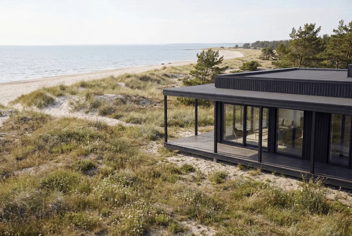Visualisering: Tofta 50 sett snett ovanifrån, med spaljéer och pergola