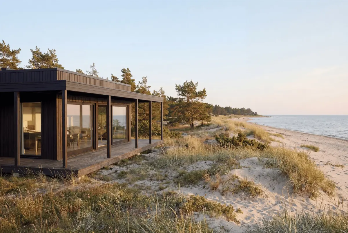 Visualisering: Tofta 50 snett framifrån i kvällssol, med pergola runt huskroppen