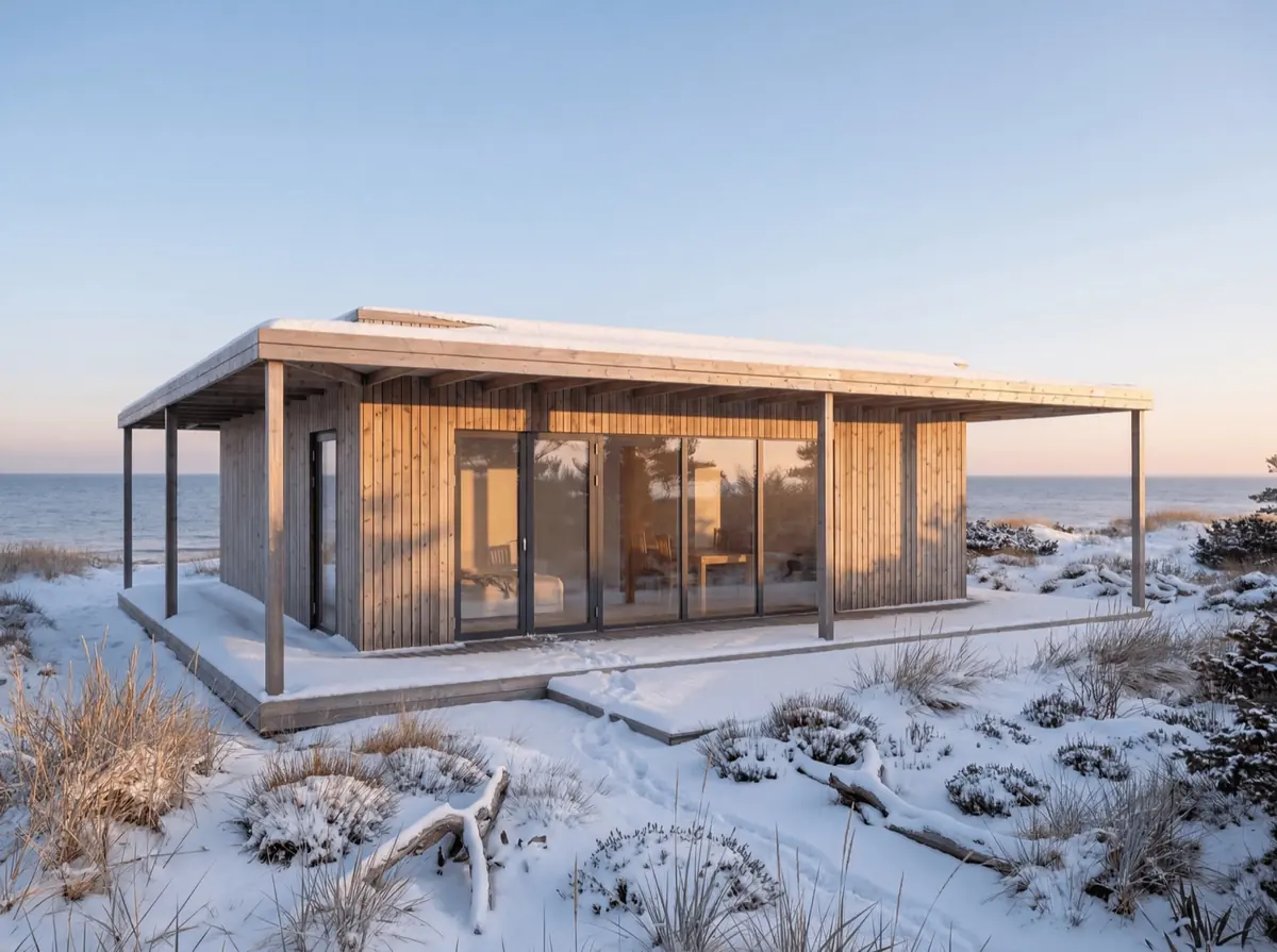 Visualisering: Tofta 74 i vinterskymning med snö på däcket